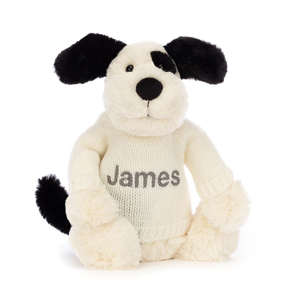 http://Bashful%20Black%20&%20Cream%20Puppy%20with%20Personalised%20Cream%20Jumper