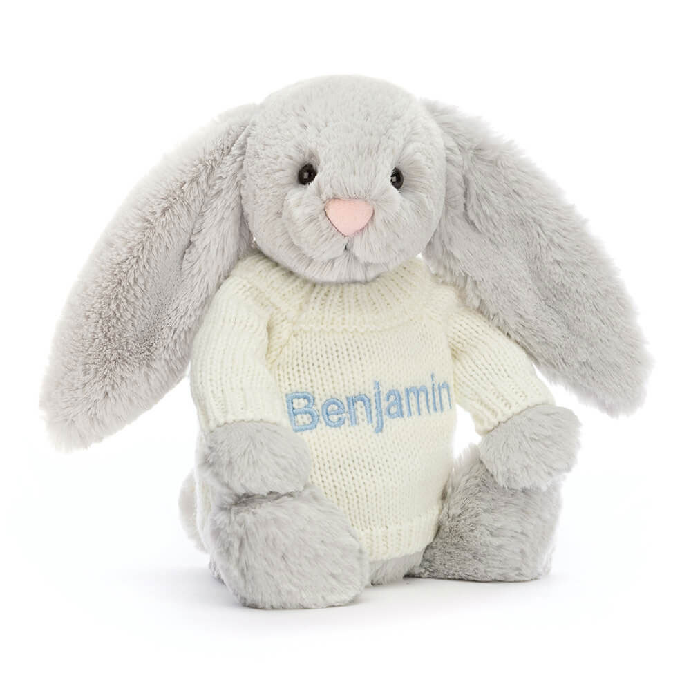 http://Bashful%20Silver%20Bunny%20with%20Personalised%20Cream%20Jumper