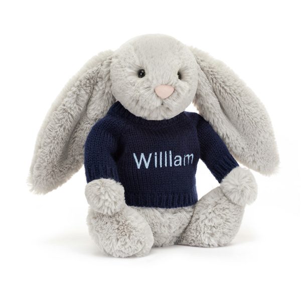 Bashful Silver Bunny with Personalised Navy Jumper