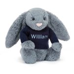 Bashful Dusky Blue Bunny with Personalised Navy Jumper