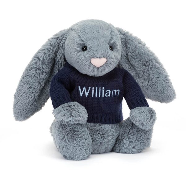 Bashful Dusky Blue Bunny with Personalised Navy Jumper