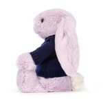 Bashful Lilac Bunny with Personalised Navy Jumper