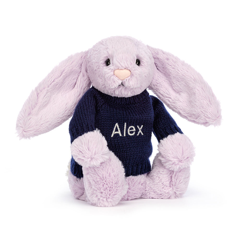 http://Bashful%20Lilac%20Bunny%20with%20Personalised%20Navy%20Jumper