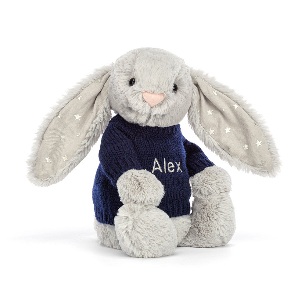 http://Bashful%20Shimmer%20Bunny%20with%20Personalised%20Navy%20Jumper