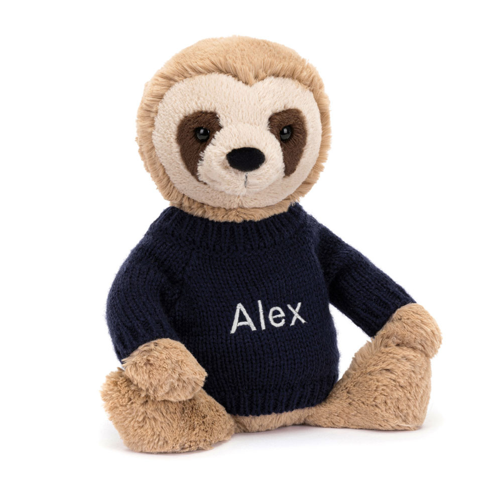 http://Bashful%20Sloth%20with%20Personalised%20Navy%20Jumper