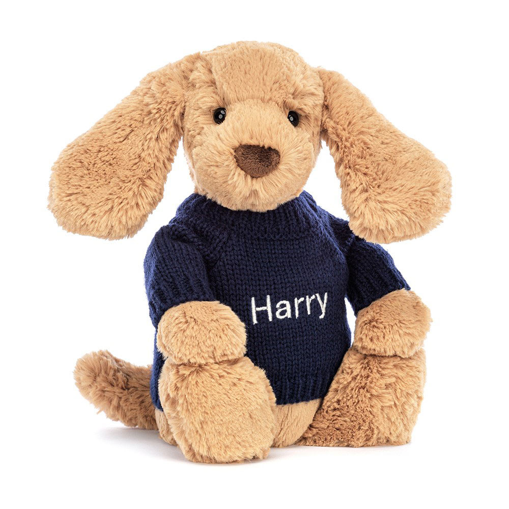 http://Bashful%20Toffee%20Puppy%20with%20Personalised%20Navy%20Jumper