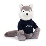 Bashful Wolf with Personalised Navy Jumper
