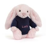 Bashful Pink Bunny with Personalised Navy Jumper