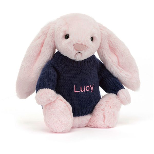 Bashful Pink Bunny with Personalised Navy Jumper