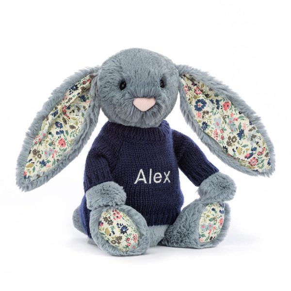 Blossom Dusky Blue Bunny with Personalised Navy Jumper