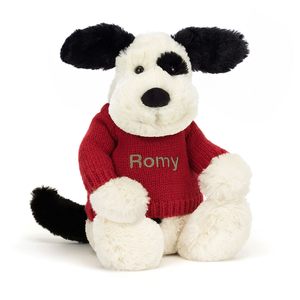http://Bashful%20Black%20&%20Cream%20Puppy%20with%20Personalised%20Red%20Jumper