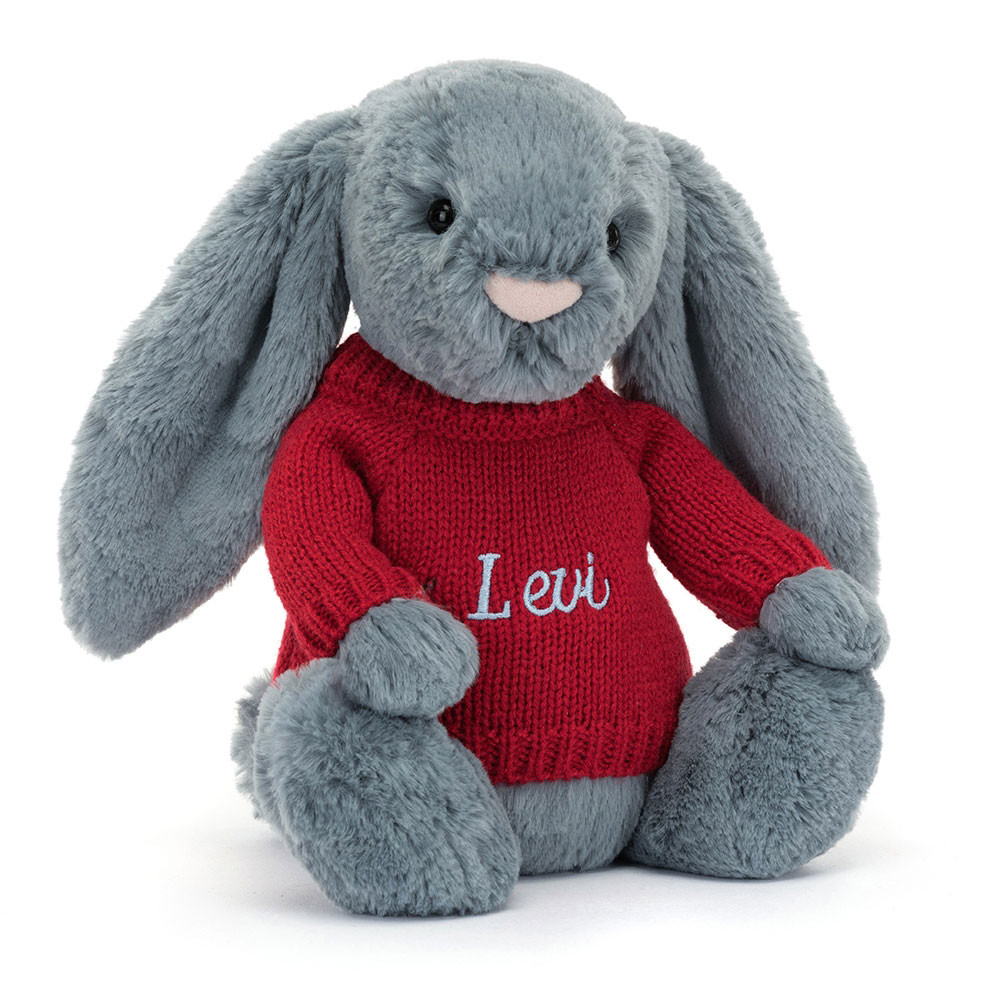 http://Bashful%20Dusky%20Blue%20Bunny%20with%20Personalised%20Red%20Jumper
