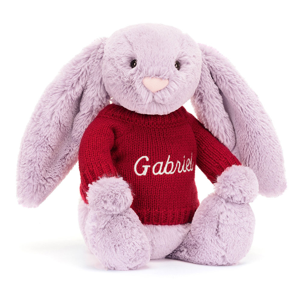 http://Bashful%20Lilac%20Bunny%20with%20Personalised%20Red%20Jumper