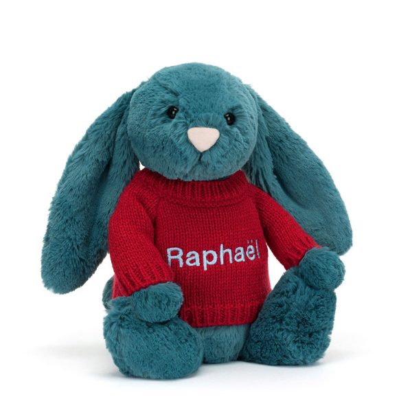 Bashful Mineral Blue Bunny with Personalised Red Jumper