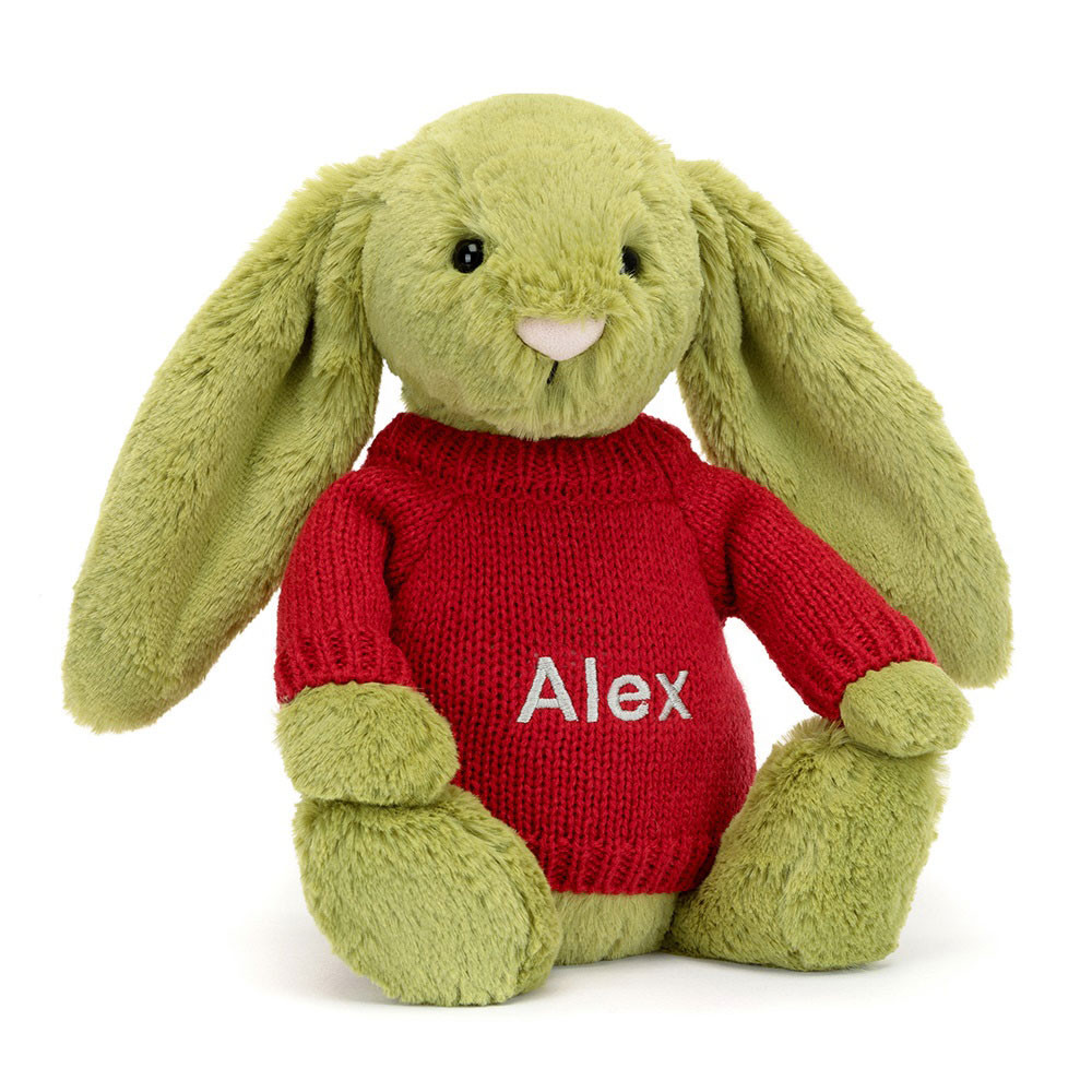 http://Bashful%20Moss%20Bunny%20with%20Personalised%20Red%20Jumper