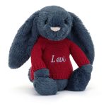 Bashful Navy Bunny with Personalised Red Jumper