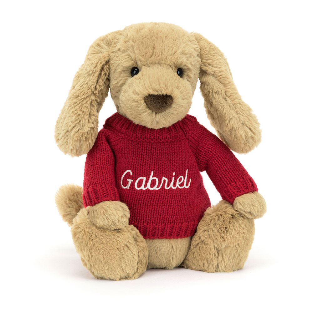 http://Bashful%20Toffee%20Puppy%20with%20Personalised%20Red%20Jumper