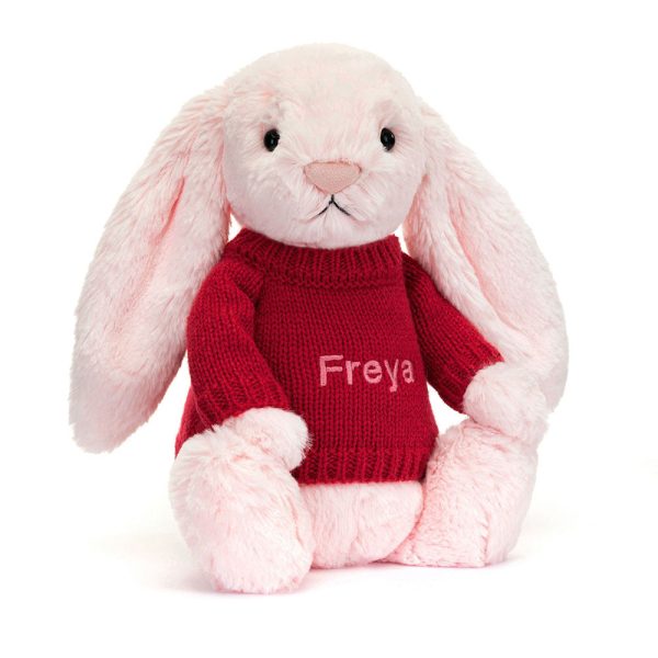 Bashful Pink Bunny with Personalised Red Jumper