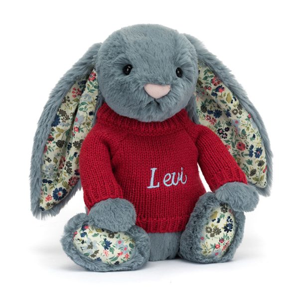 Blossom Dusky Blue Bunny with Personalised Red Jumper