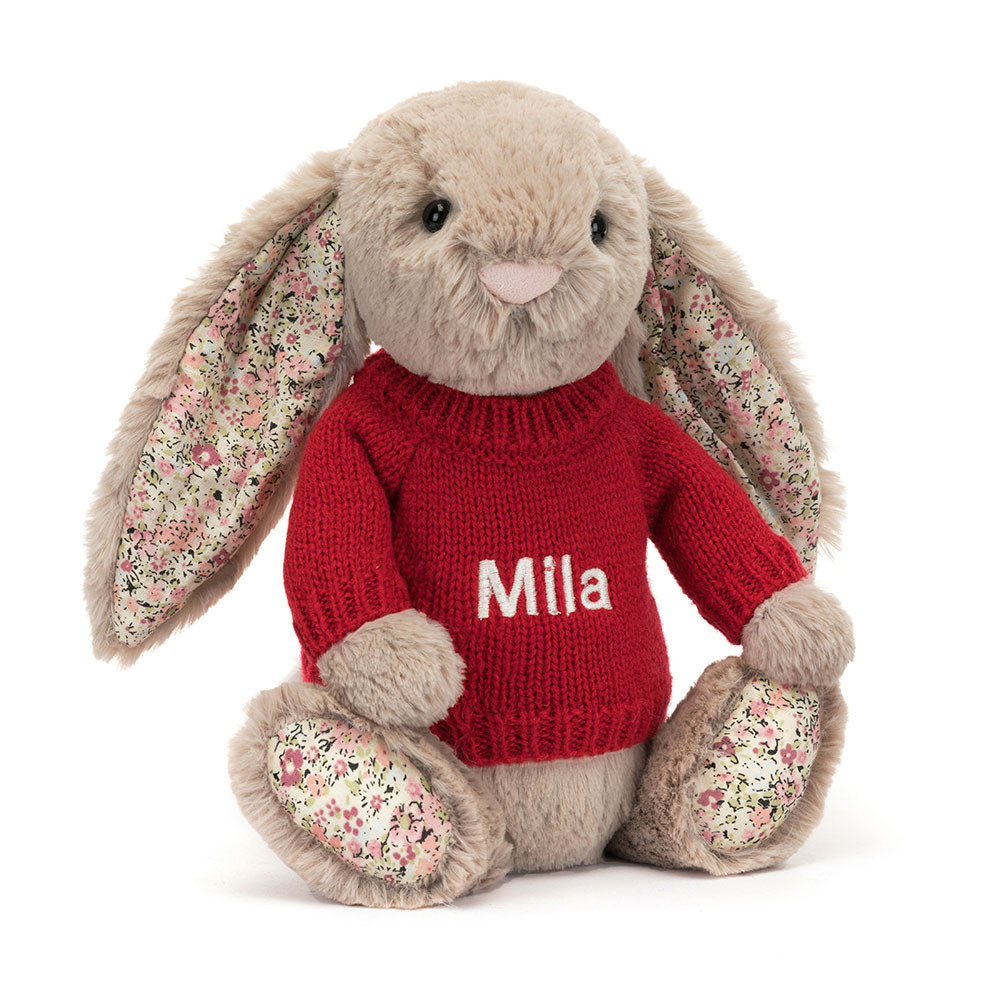 http://Blossom%20Bea%20Beige%20Bunny%20with%20Personalised%20Red%20Jumper